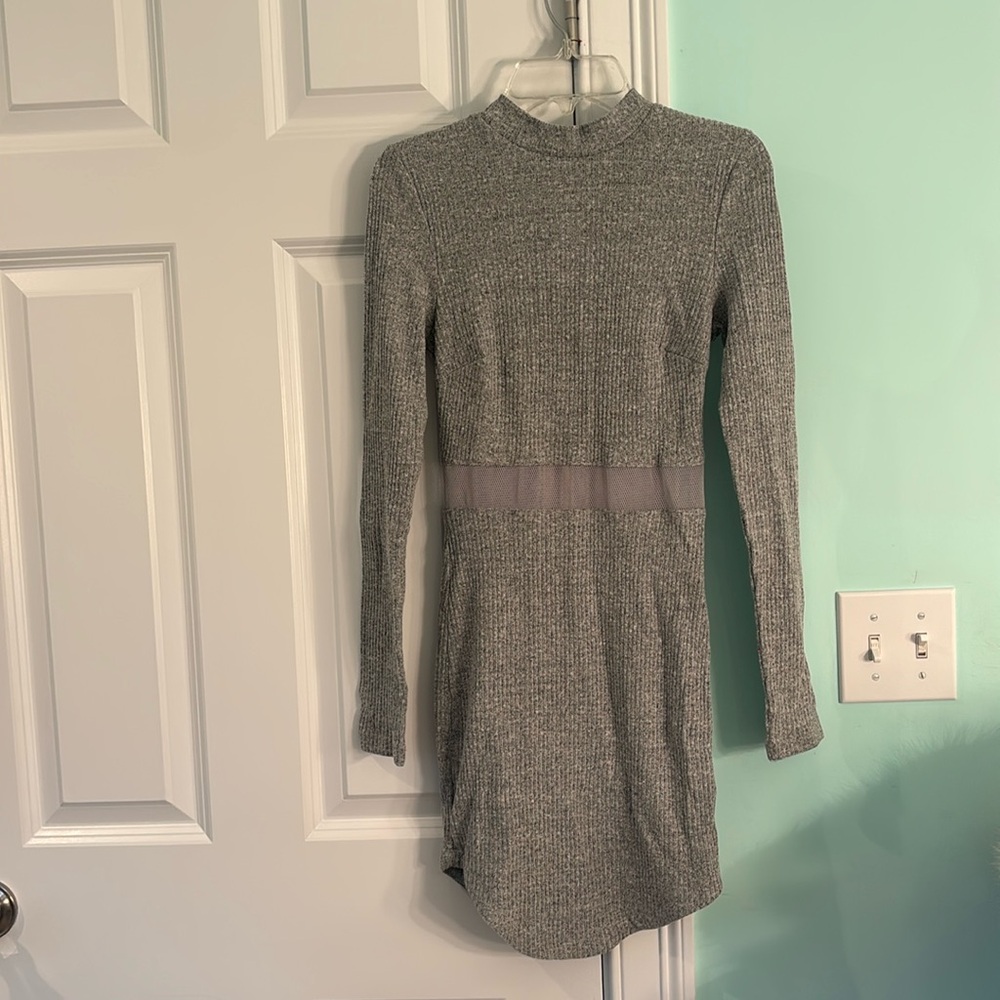 LF Knit Ribbed High Neck Mini Dress Gray XS